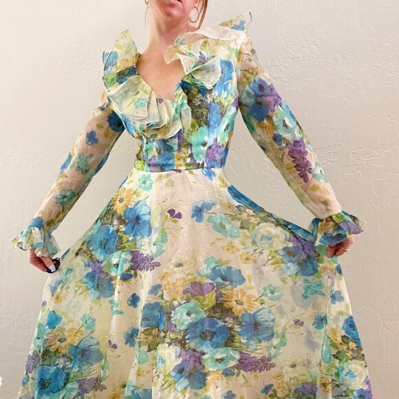 Vintage Dresses & Skirts - Vintage 1970's Floral Long Sleeve Ruffle Maxi Gown